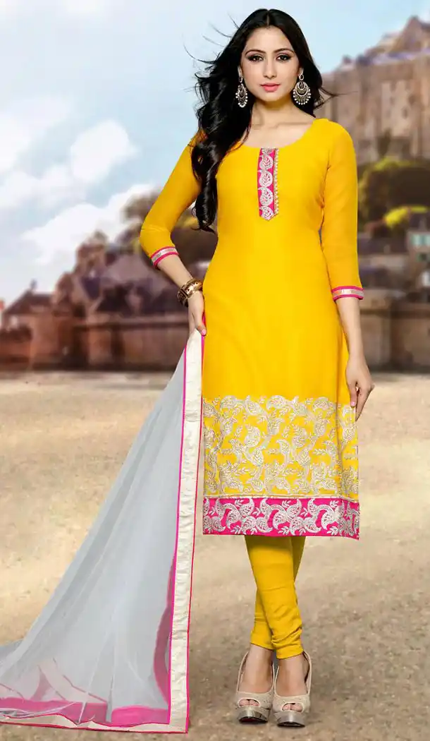 Lemon Color Georgette Straight Cut Paty Wear Churidar Kameez | FH560883589