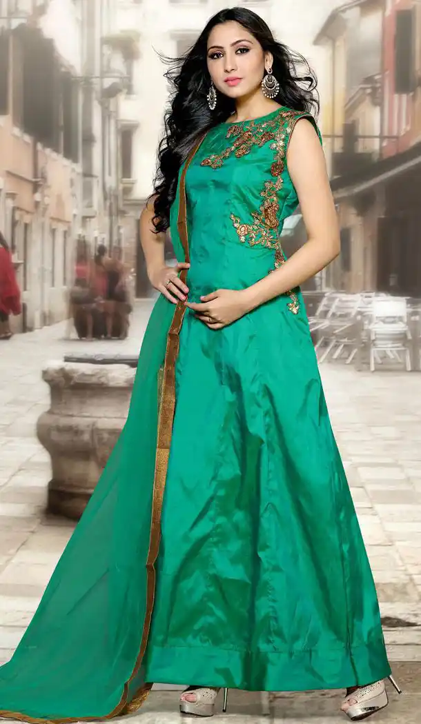 Emerald Color Silk Anarkali Style Churidar Kameez | FH560883594