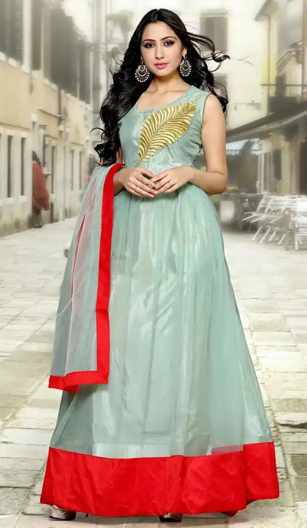 Aloe Vera Green Color Net Anarkali Style Churidar Kameez | FH560883595