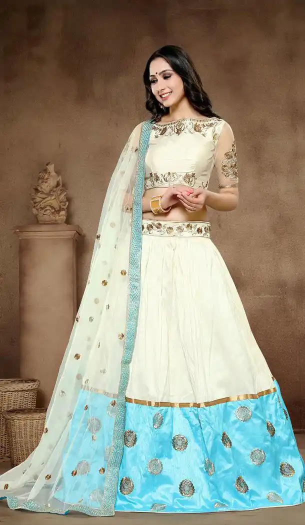 Cream Color Silk Circular Style Party Wear Lehenga Choli | FH560983596