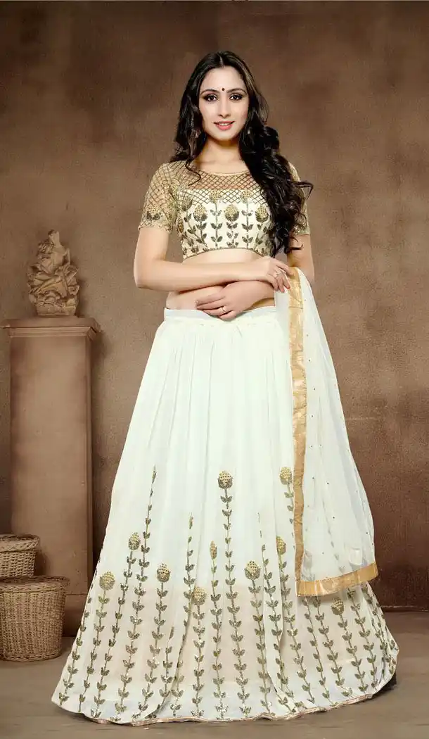 Off White Color Georgette Circular Style Party Wear Lehenga Choli | FH560983597