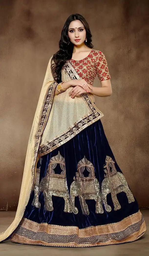 Navy Blue Color Velvet Circular Style Party Wear Lehenga Choli | FH560983599