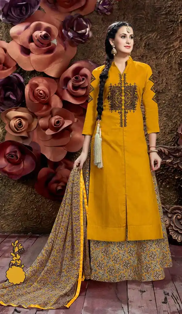 Butter Scotch Color Cotton Achkan Style Casual Wear Lehengs Kameez | FH561183615
