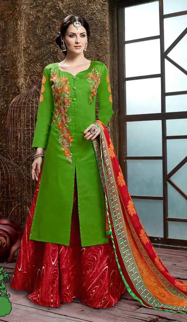 Lime Green Color Cotton Achkan Style Casual Wear Lehengs Kameez | FH561183619