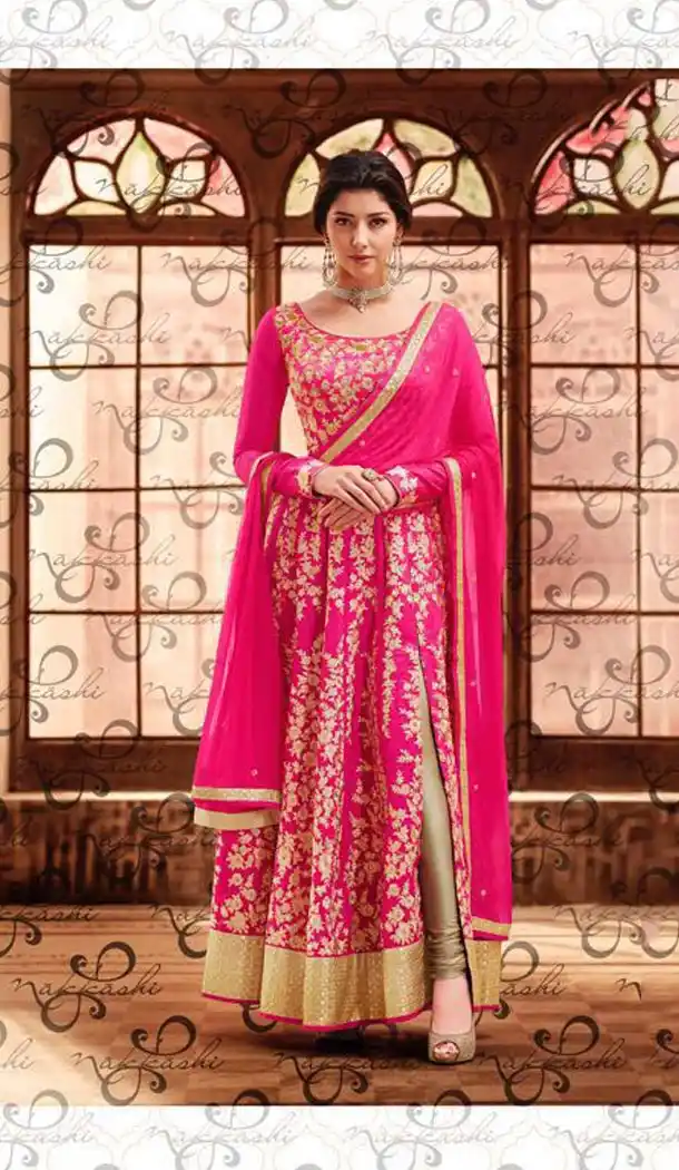 Deep Pink Color Art Silk Zari Work Achkan Style Designer Churidar Kameez | FH561283622