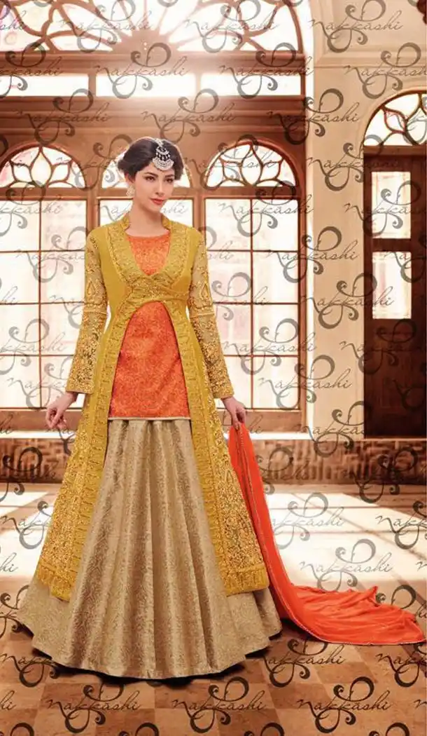 Orange Color Jute Silk Zari Work Achkan Style Designer Lehenga Kameez | FH561283623