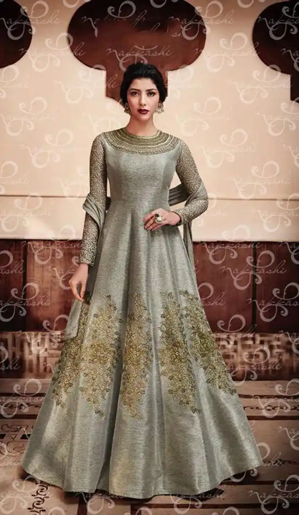 Grey Color Jute Silk Embroidery Anarkali Style Designer Lehenga Kameez | FH561283624