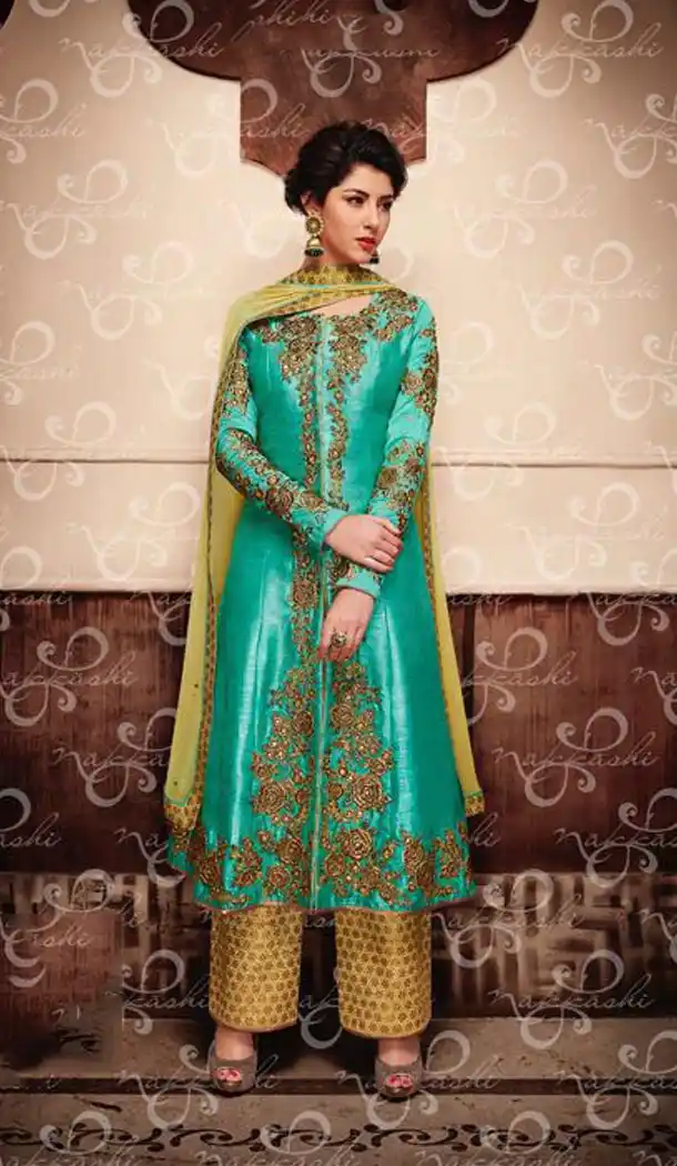 Turquoise Color Silk Embroidery Achkan Style Designer Narrow Pants Kameez | FH561283626
