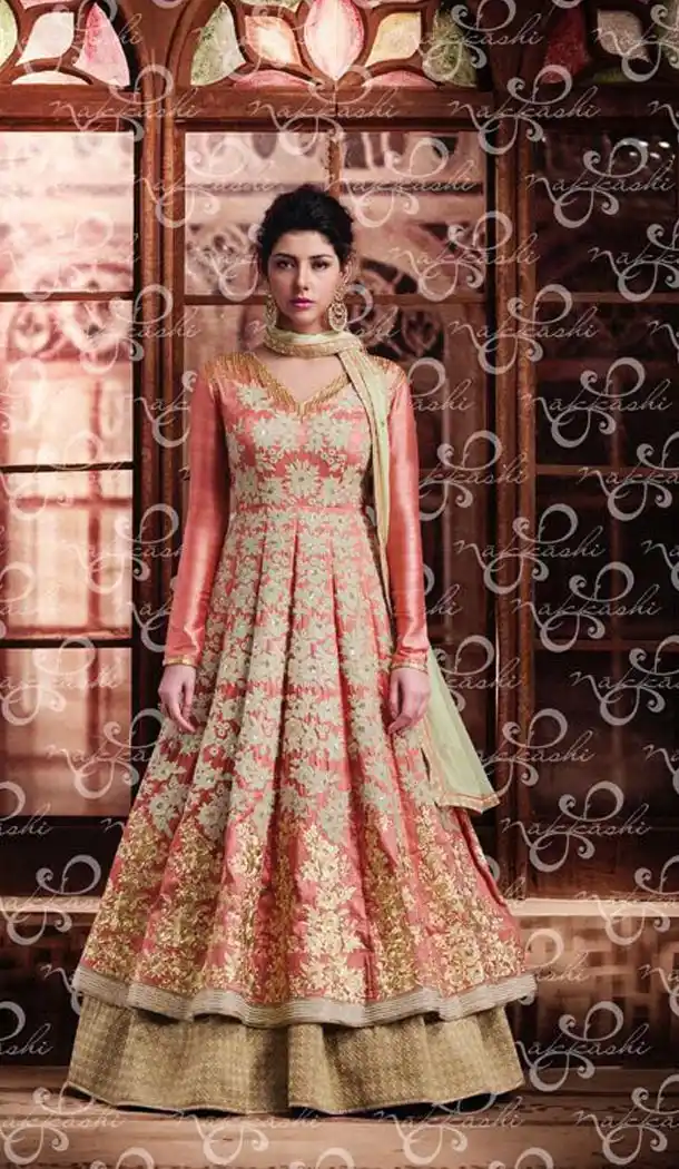 Salmon Color Banarasi Silk Embroidery Achkan Style Designer Lehenga Kameez | FH561283627