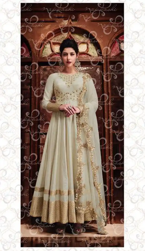 Dove Color Silk Embroidery Anarkali Style Designer Lehenga Kameez | FH561283628