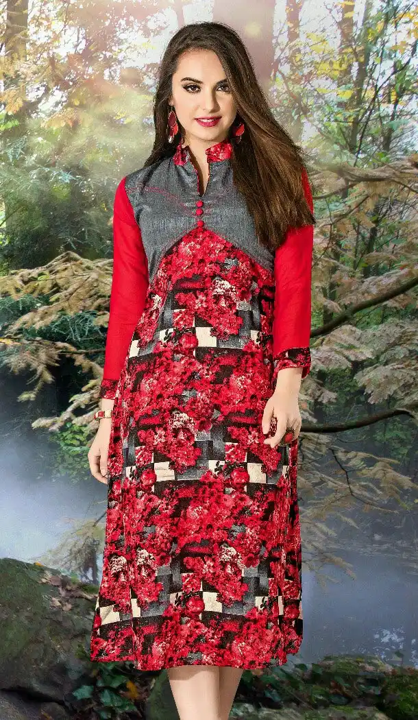 Red Color Georgette Printed Straight Style Readymade Kurti | FH561683659