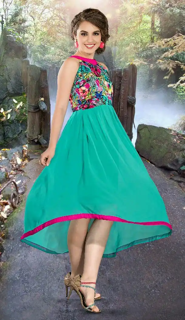 Turquoise Color Georgette Printed A-line Style Readymade Kurti | FH561683665