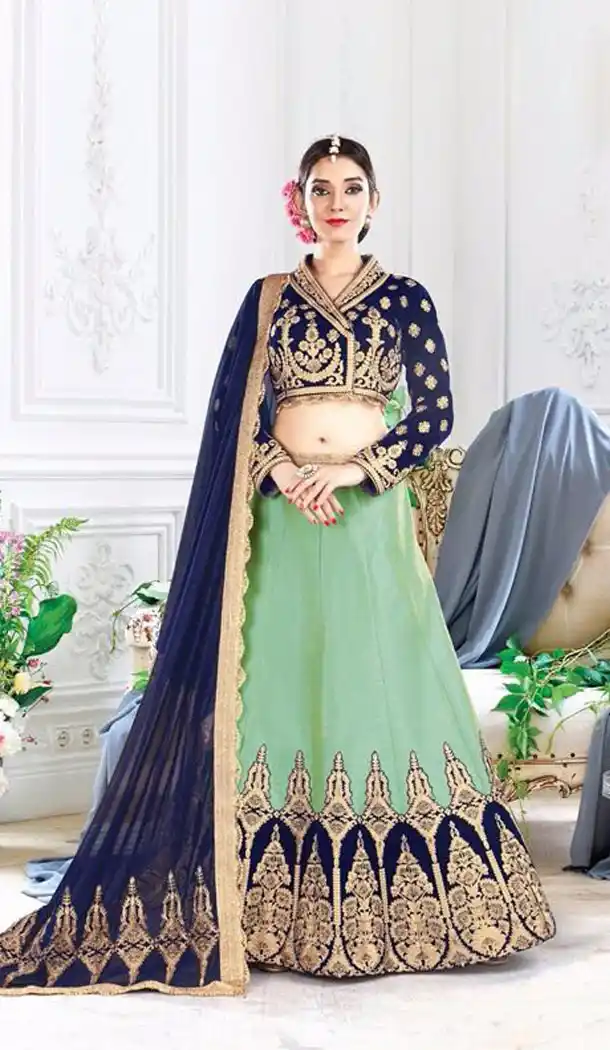 Aloe Vera Green Color Silk Designer Lehenga Style Sarees | FH562083727