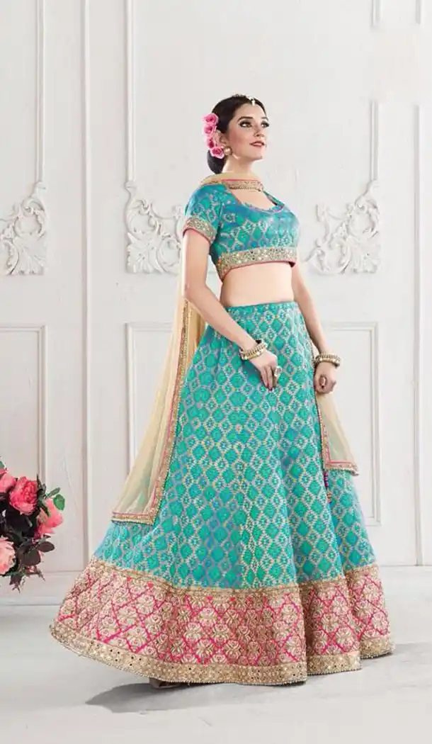 Turquoise Color Silk Designer Lehenga Style Sarees | FH562083729