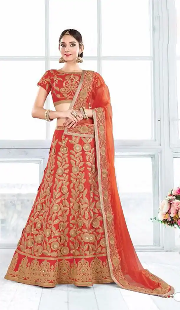 Orange Color Raw Silk Designer Lehenga Style Sarees | FH562083730