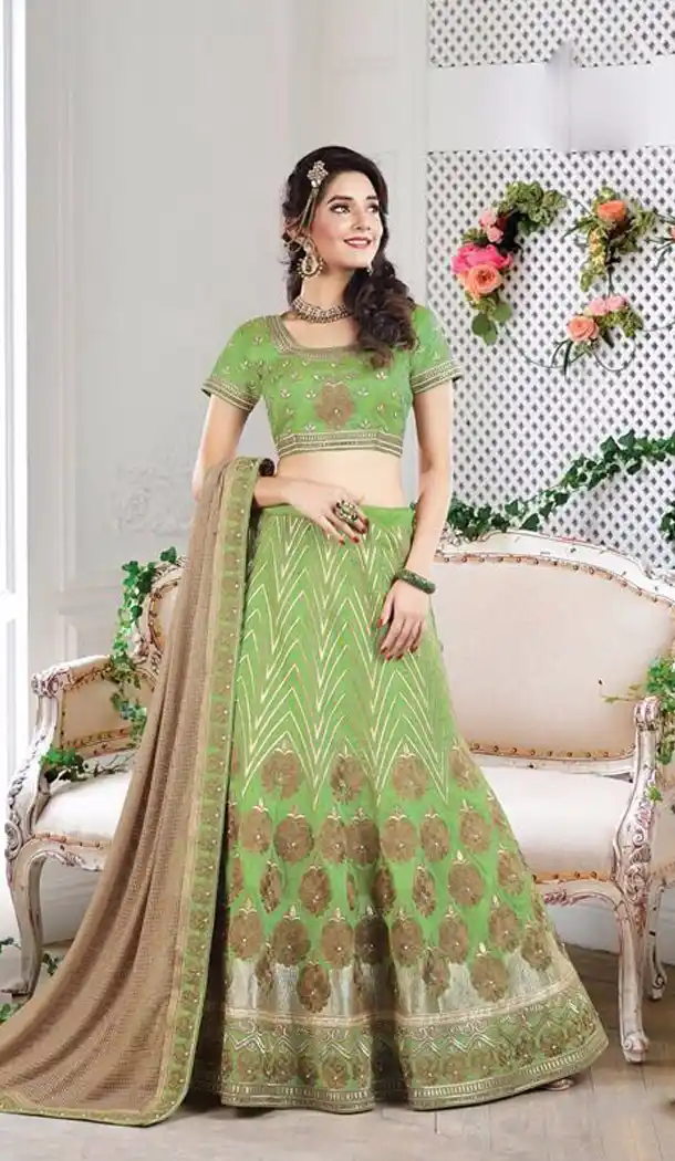 Green Color Raw Silk Designer Lehenga Style Sarees | FH562083731