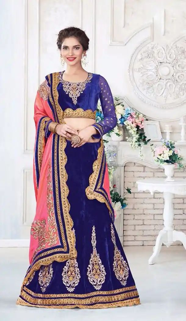 Deep Blue Color Velvet Designer Lehenga Style Sarees | FH562083732