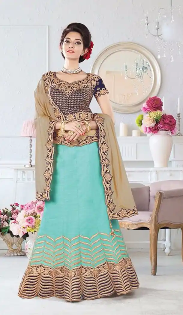 Turquoise Color Silk Designer Lehenga Style Sarees | FH562083733
