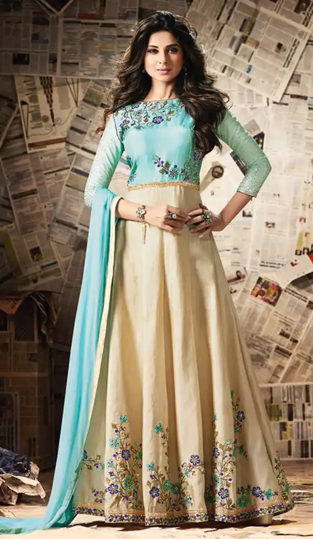 Cream Color Silk Embroidery Anarkali Style Churidar Kameez | FH562283746