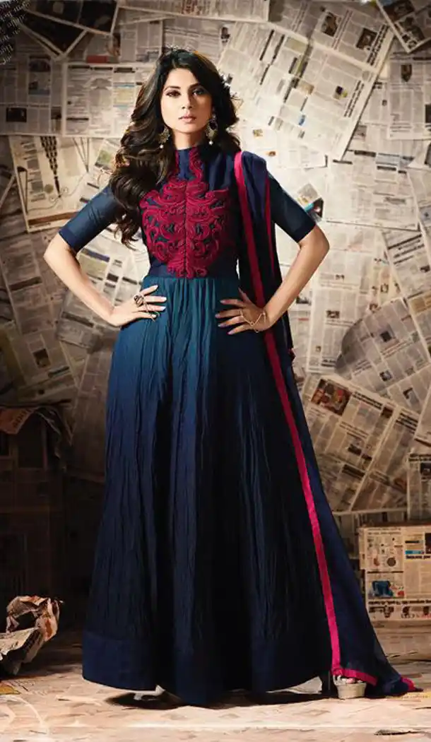 Navy Blue Color Silk Embroidery Anarkali Style Churidar Kameez | FH562283747