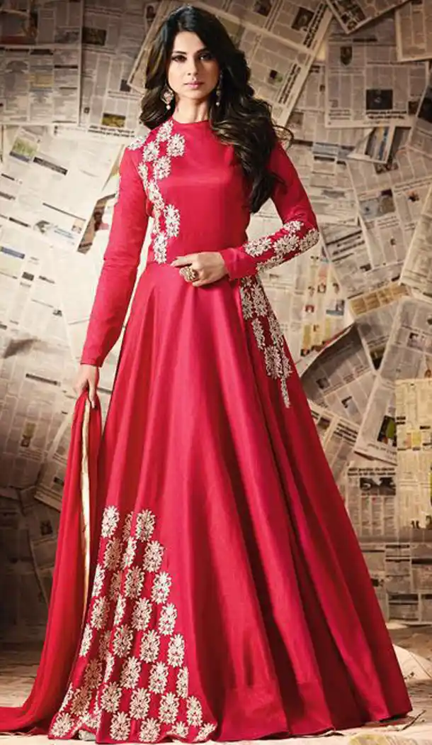 Deep Pink Color Pure Silk Embroidery Anarkali Style Churidar Kameez | FH562283749