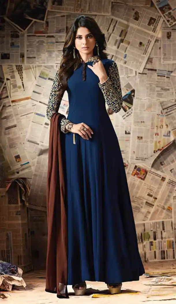 Deep Blue Color Georgette Embroidery Anarkali Style Churidar Kameez | FH562283751