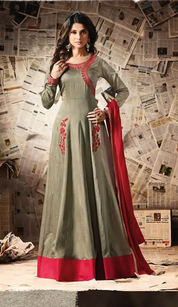Grey Color Pure Silk Embroidery Anarkali Style Churidar Kameez | FH562283752