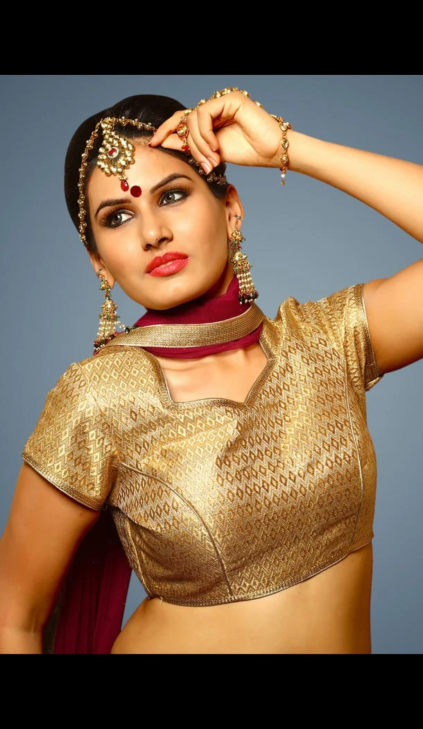 Gold Color Brocade Sweet Heart Neck Readymade Blouse | FH562383755