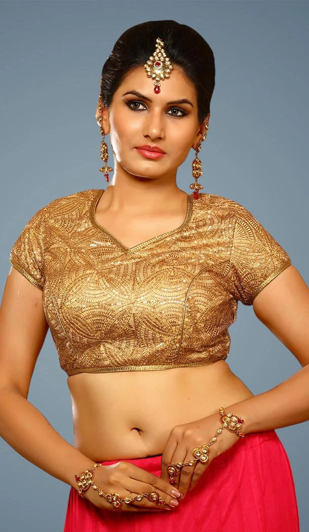 Women Gold Color Satin V Neck Readymade Blouse | FH562383766