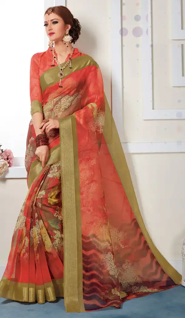 Red Color Georgette Printed Casual Wear Sarees | FH562783802