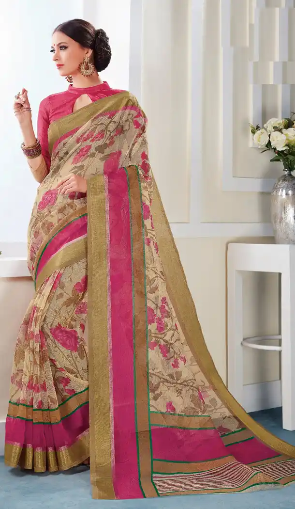 Beige Color Georgette Printed Casual Wear Sarees | FH562783804