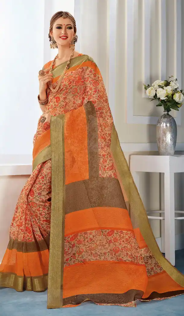 Orange Color Georgette Printed Casual Wear Sarees | FH562783806