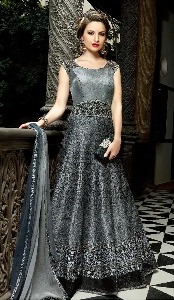 Slate Grey Color Silk Digital Print Long Pakistani Eid Festive Salwar Kameez | FH562883810