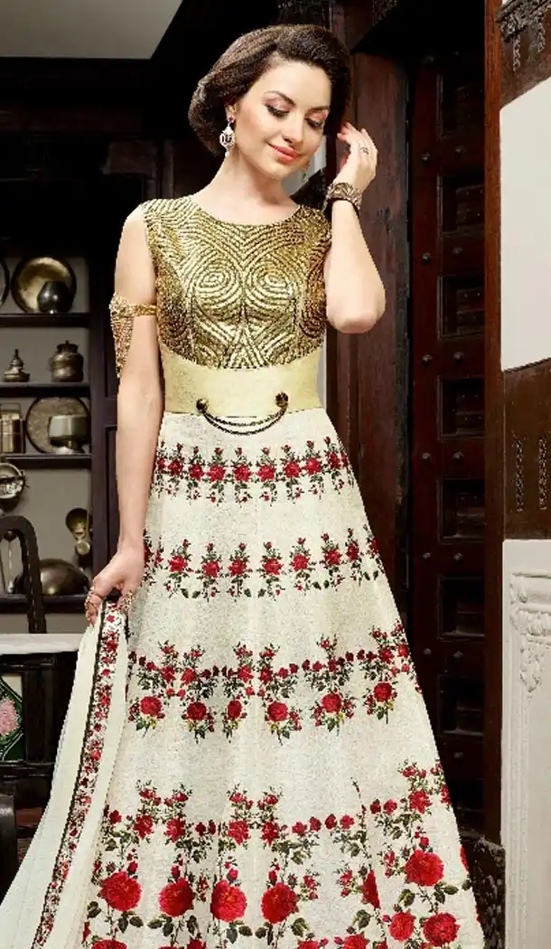 Off White Color Silk Digital Print Long Pakistani Eid Festive Salwar Kameez | FH562883811