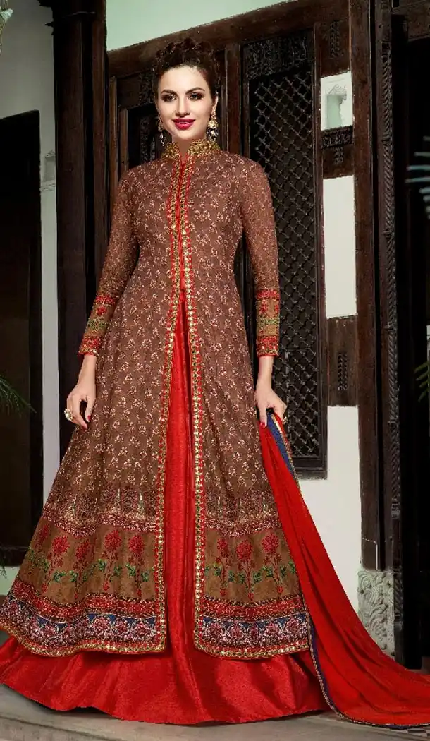 Chocolate Color Silk Digital Print Long Pakistani Eid Festive Salwar Kameez | FH562883812