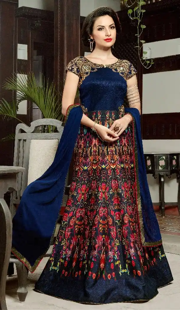 Silk Blue Color Digital Print Long Pakistani Eid Festive Salwar Kameez | FH562883814