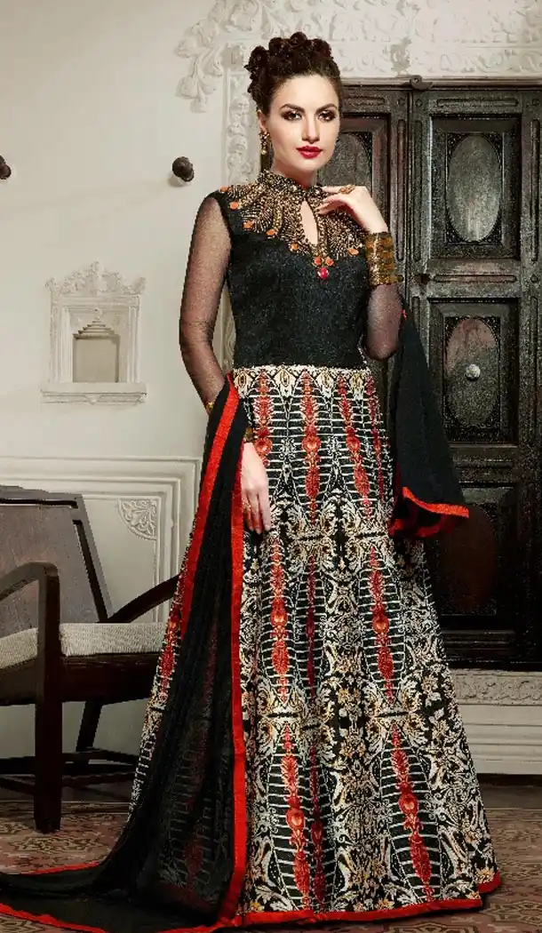 Black Color Silk Digital Print Long Pakistani Eid Festive Salwar Kameez | FH562883819