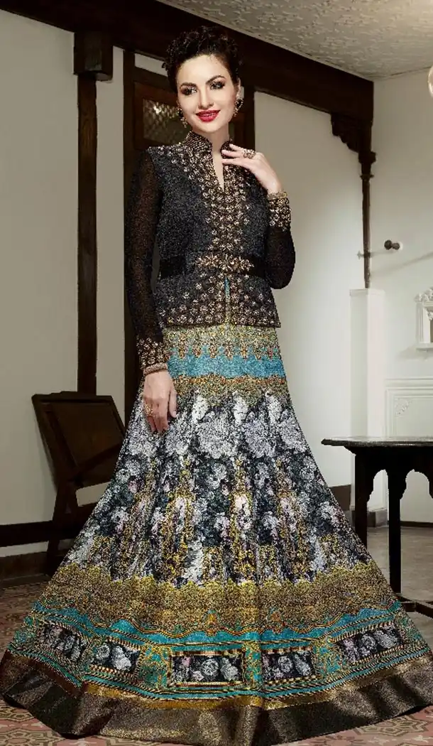 Digital Print Black Color Silk Long Pakistani Eid Festive Salwar Kameez | FH562883820