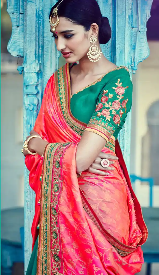 Emerald Color Dupioni Raw Silk Designer Half & Half Sari blouse | FH563083833
