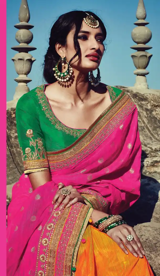 Deep Pink Color Dupioni Raw Silk Designer Half & Half Sari blouse | FH563083834
