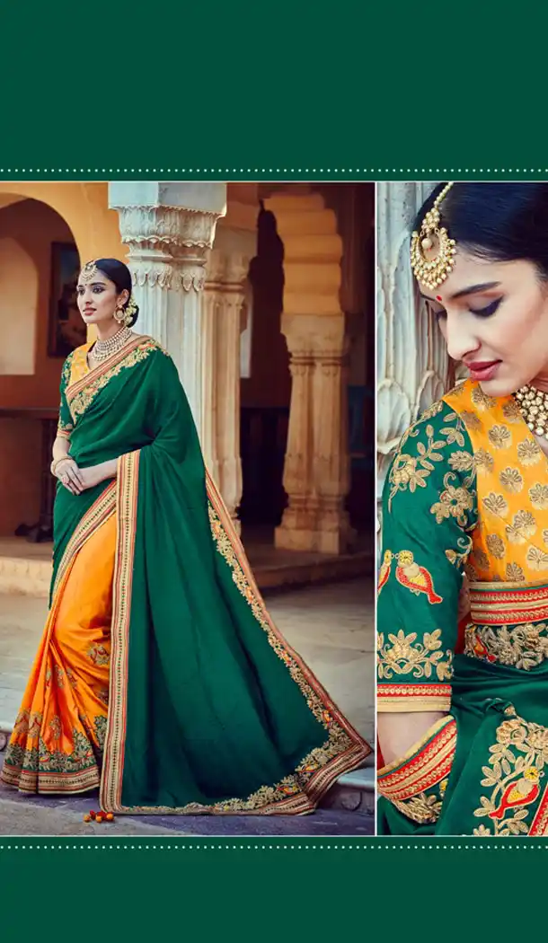 Bottle Green Color Dupioni Raw Silk Designer Half & Half Sari blouse | FH563083835