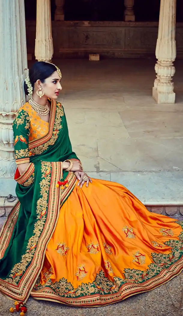 Bottle Green Color Dupioni Raw Silk Designer Half & Half Sari blouse | FH563083835