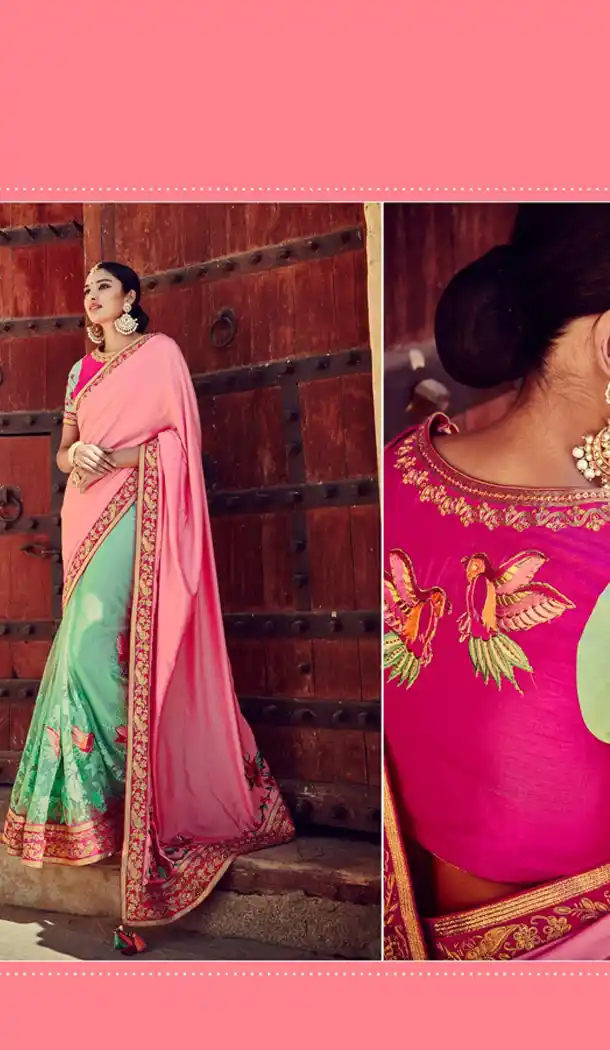 Salmon Color Dupioni Raw Silk Designer Half & Half Sari blouse | FH563083836