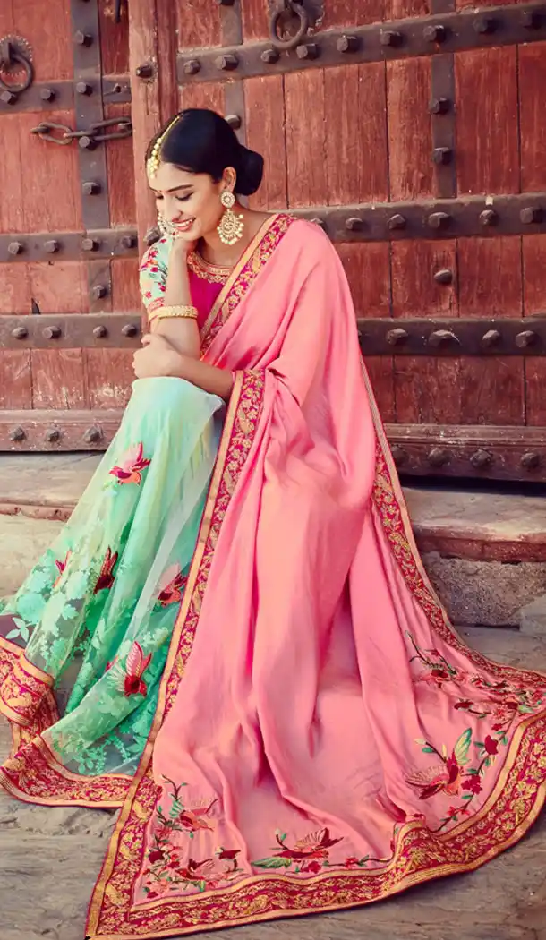 Salmon Color Dupioni Raw Silk Designer Half & Half Sari blouse | FH563083836