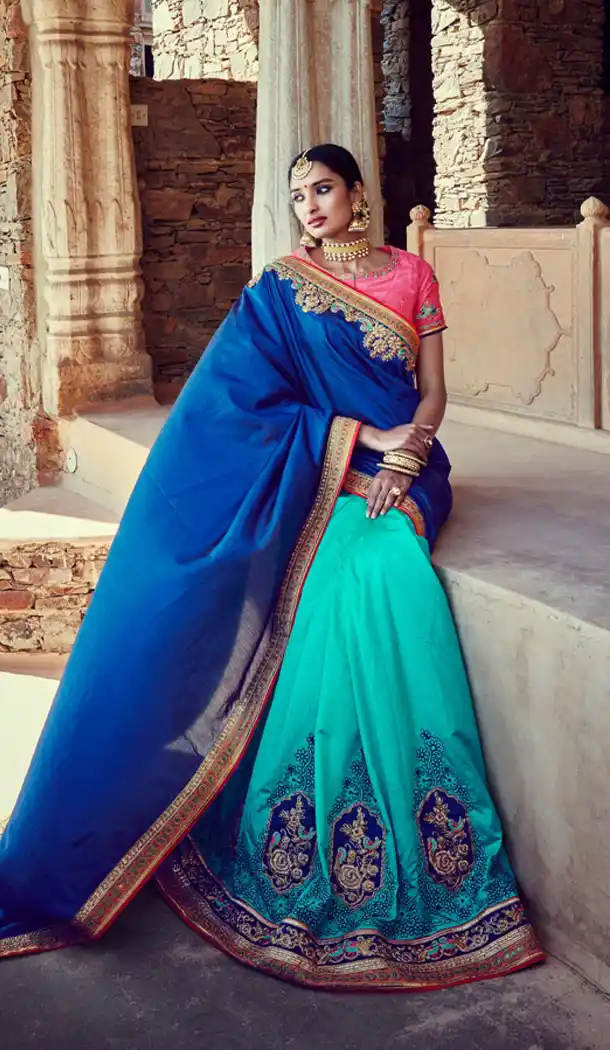 Turquoise Color Dupioni Raw Silk Designer Sari blouse | FH563083840
