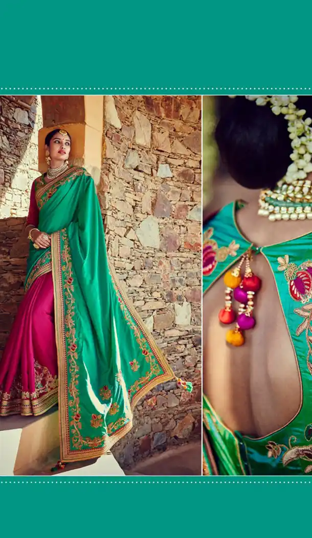 Green Color Dupioni Raw Silk Designer Sari blouse | FH563083841