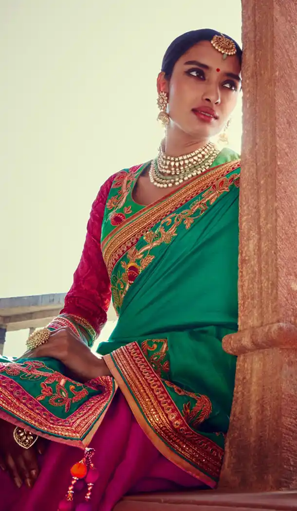 Green Color Dupioni Raw Silk Designer Sari blouse | FH563083841