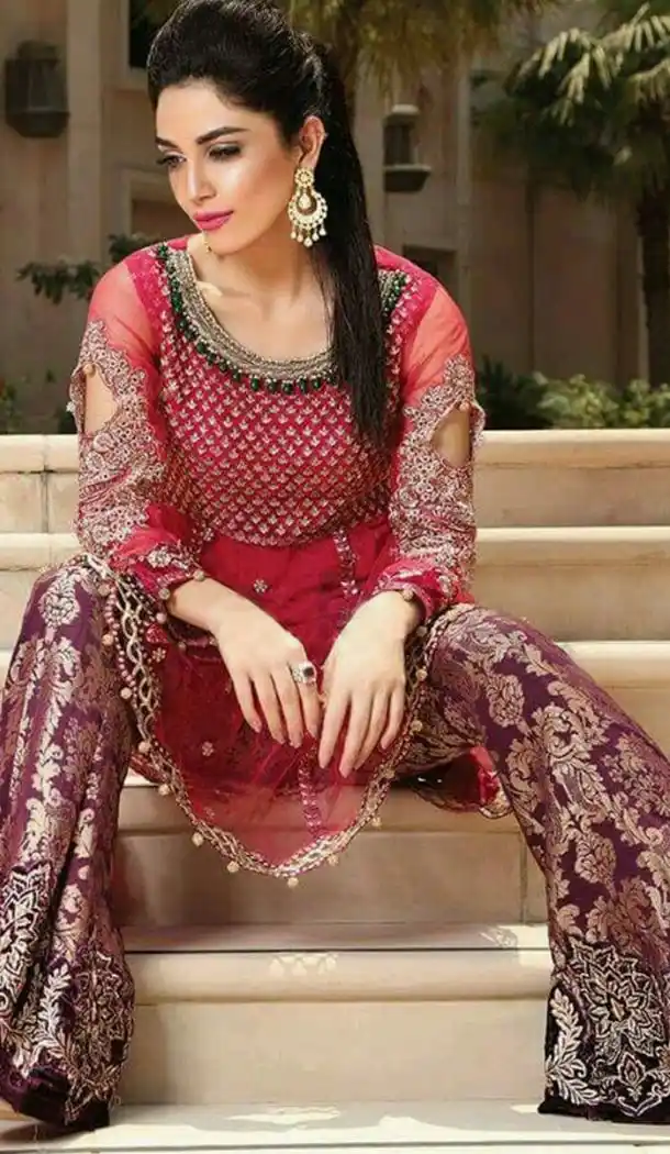 Red Color Georgette Embroidered Straight Cut Palazzo Suit | FH563183843
