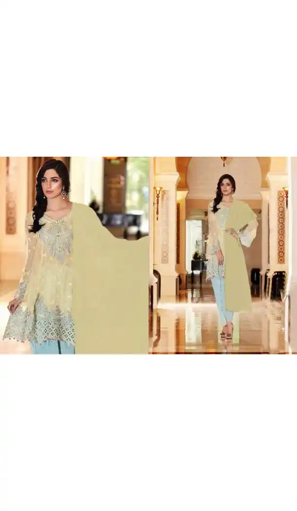 Beige Color Georgette Embroidered Straight Cut Narrow Pants Suit | FH563183845