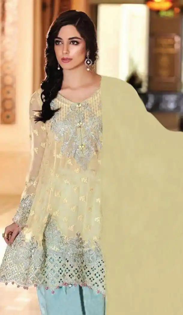 Beige Color Georgette Embroidered Straight Cut Narrow Pants Suit | FH563183845
